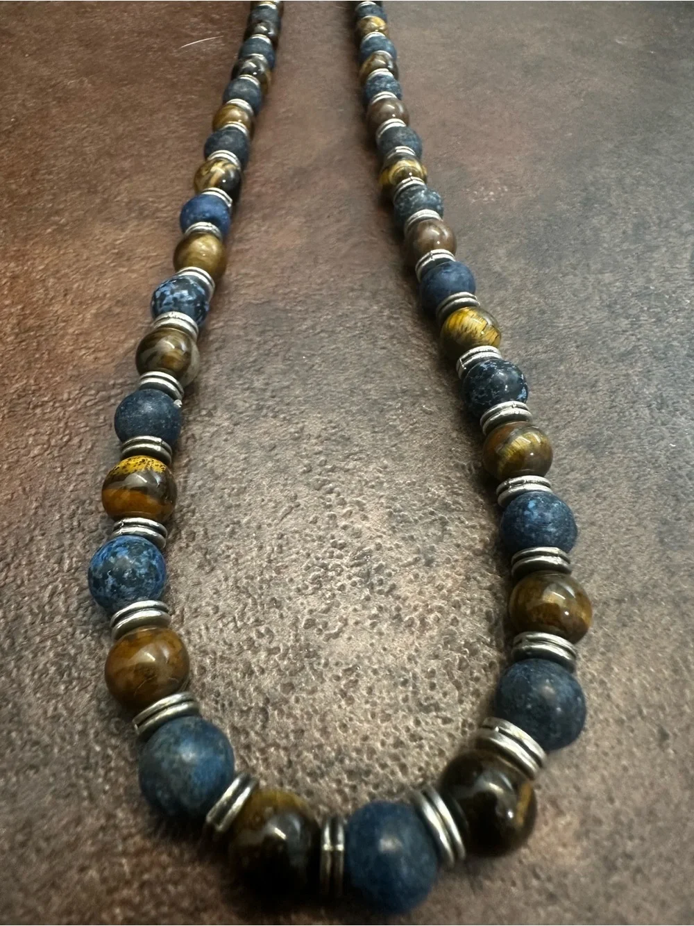 Blue and Brown Beaded Handmade Necklace with Silver Accents
